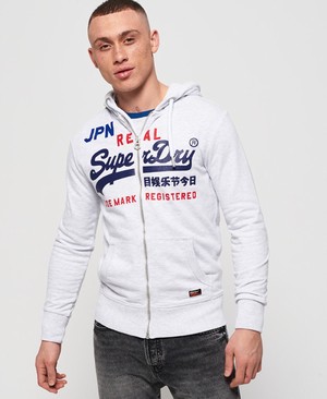 Superdry Vintage Logo Split Lite Cipzár Férfi Kapucnis Pulóver Fehér | IQRJL8173